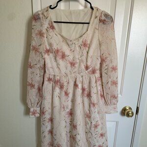 3COLOUR Women Square Neck Floral Dress, Pink and White, Size S
